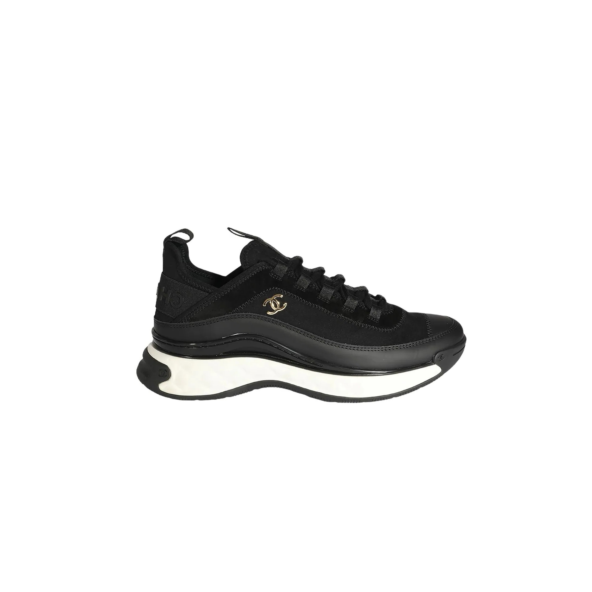CHANEL BLACK SUEDE AND FABRIC CC LOW TOP SNEAKERS G35618 Y53646 94305 